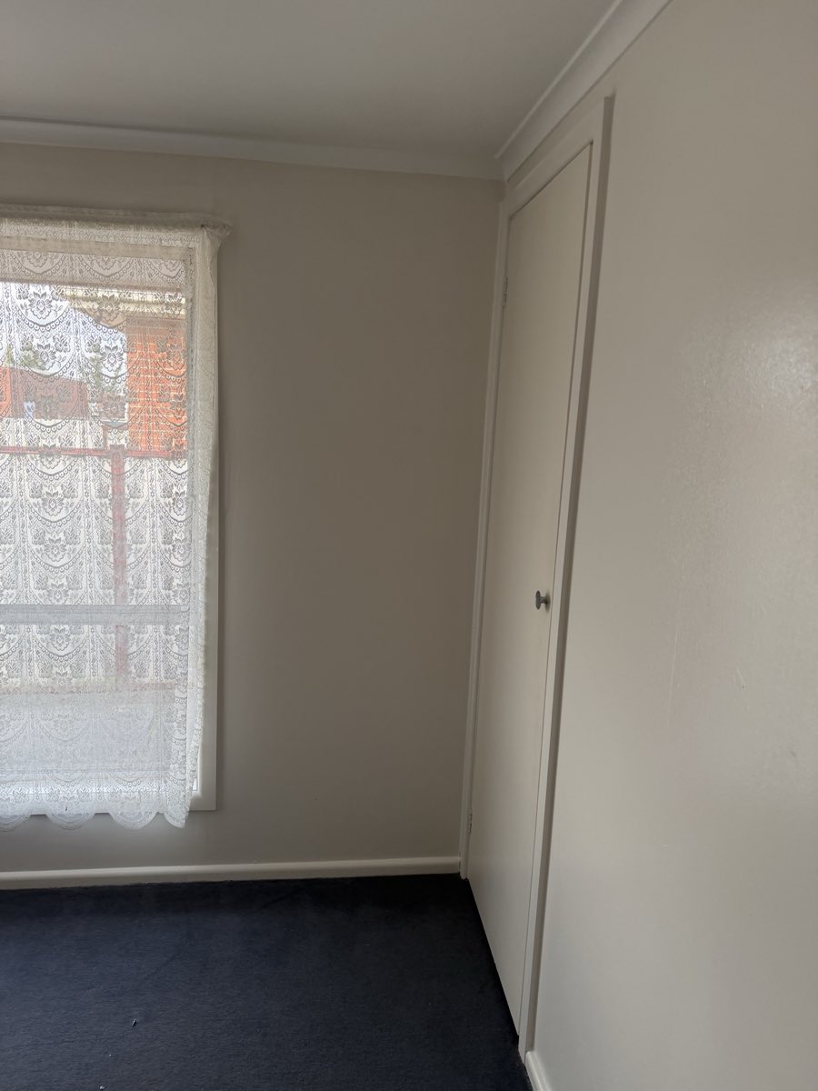 A painted bedroom corner with a lace-curtained window, pale walls, wardrobe door and dark carpet.