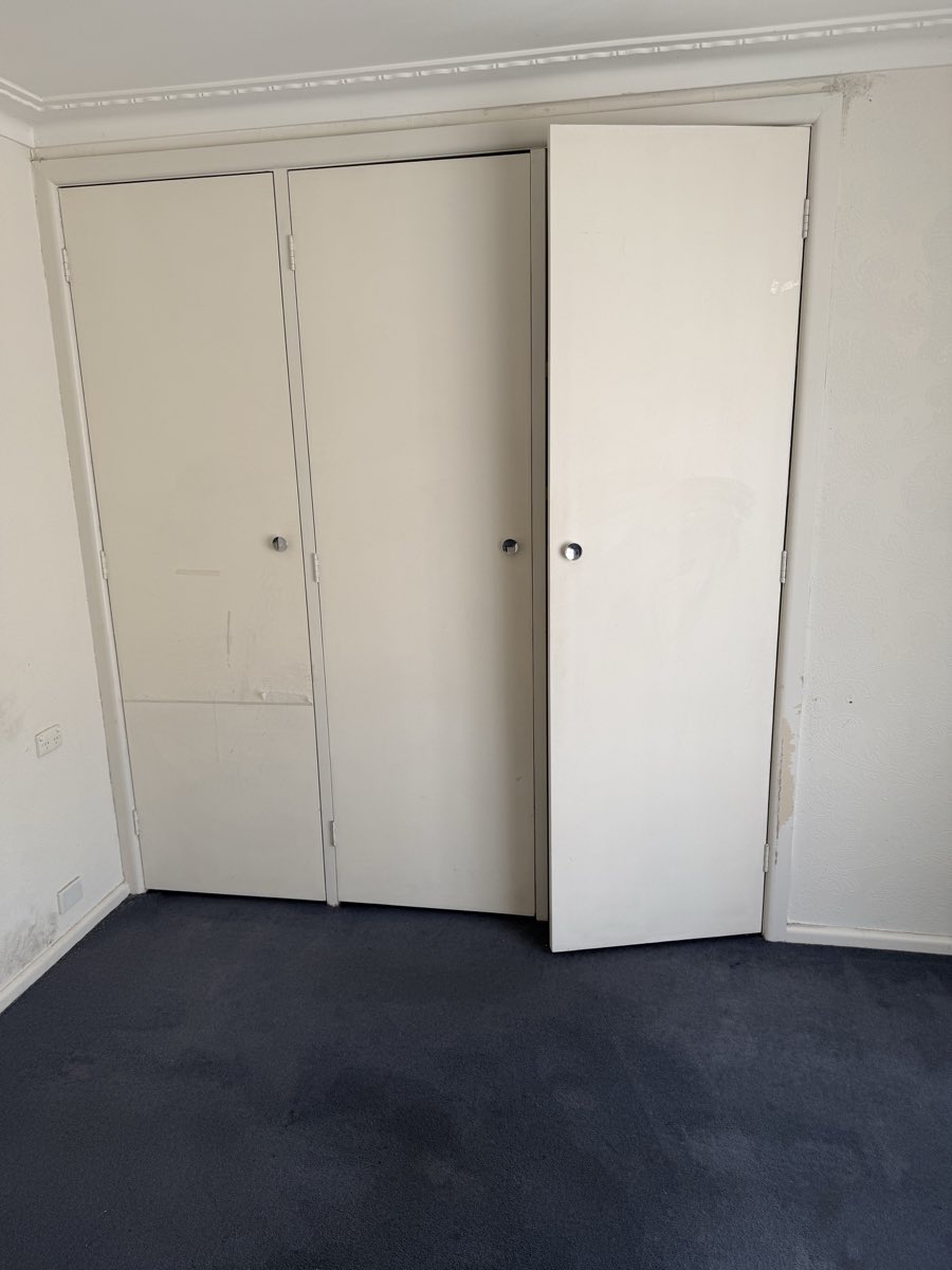 Three tall cupboard doors with visible marks stand against a wall above dark carpet.