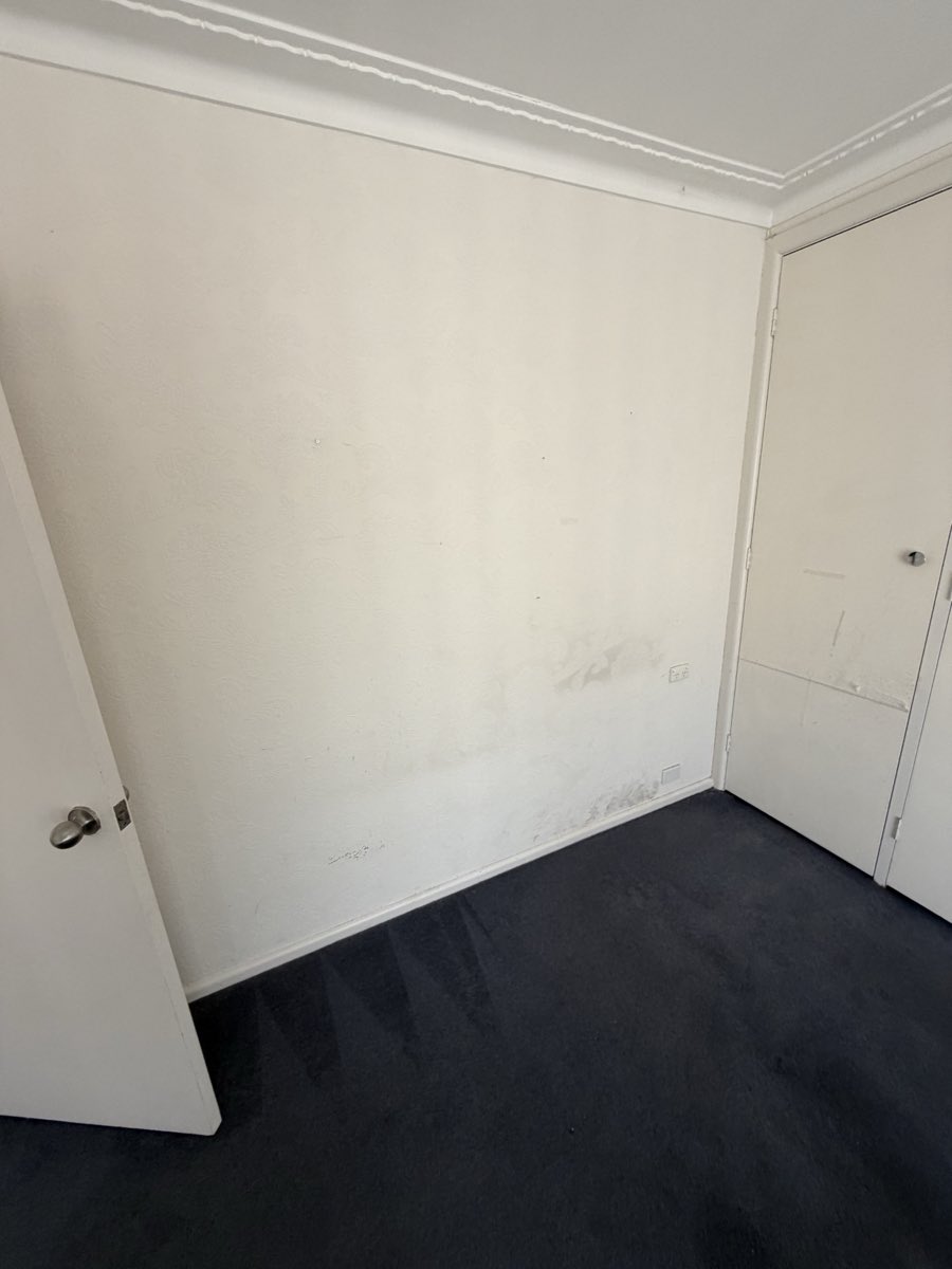An interior wall shows scuffs and irregular marks close to the skirting board.